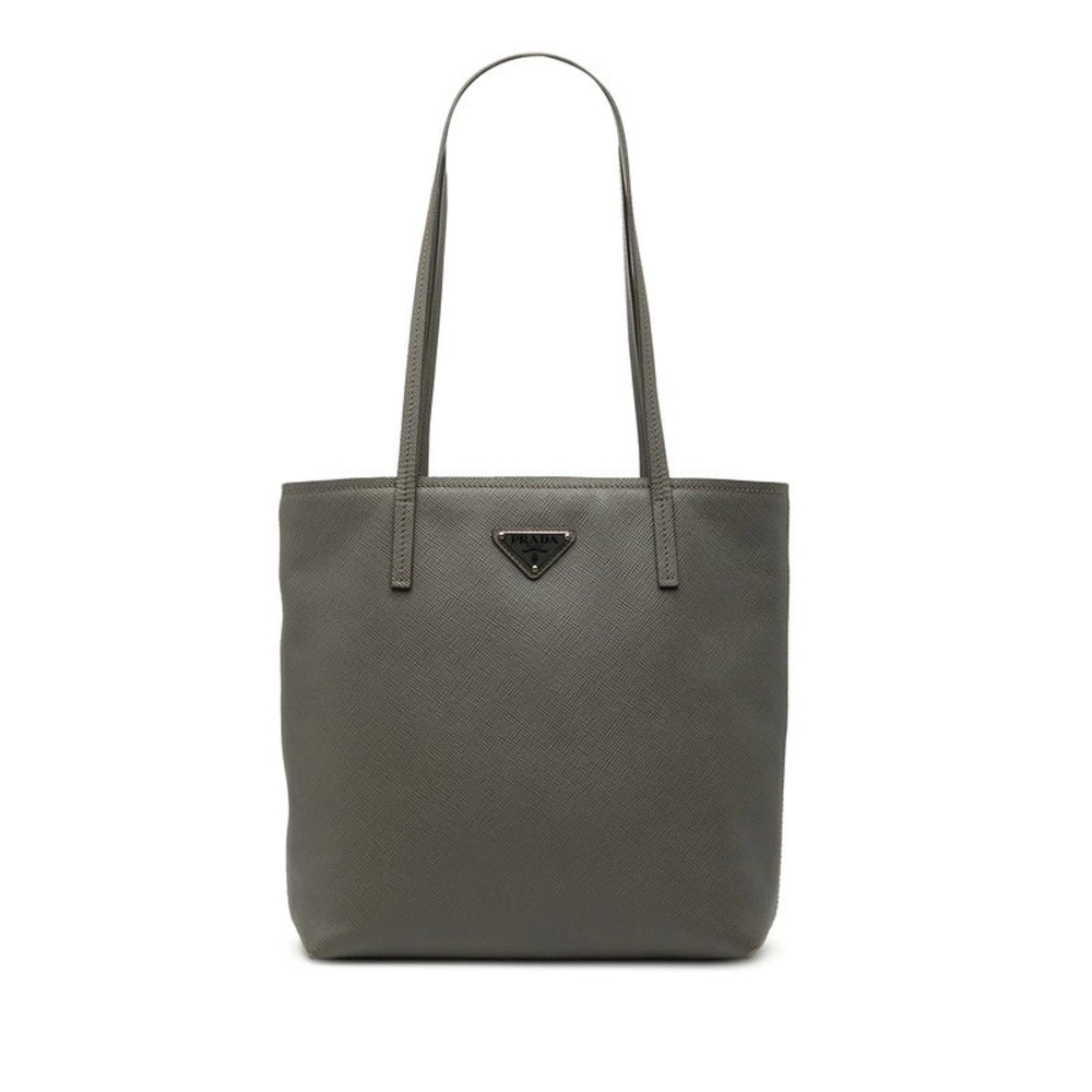 Prada Triangle Plate Tote Bag Handbag Gray Saffiano Leather